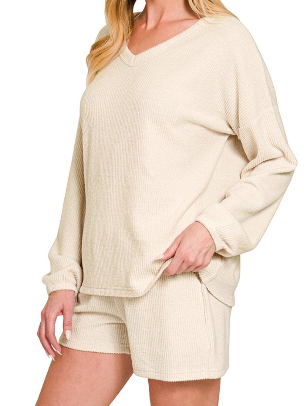 Brushed Ribbed Hacci V-Neck Long Sleeve Tee & Shorts Set in Sand Beige